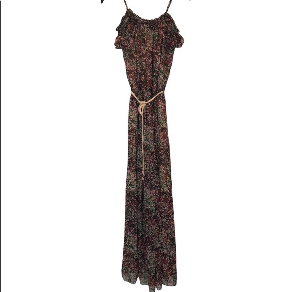 Women’s Boho Floral Spaghetti Strap Cold Shoulder Smocked Belted Maxi Dress M